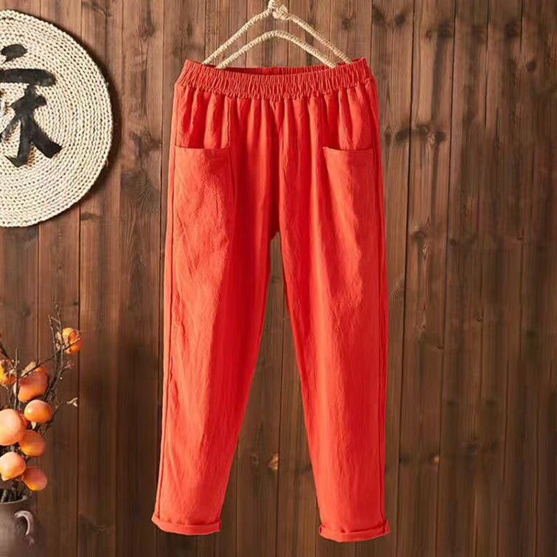 Vintage Komfortable Baumwollleinenhose mit Taschen