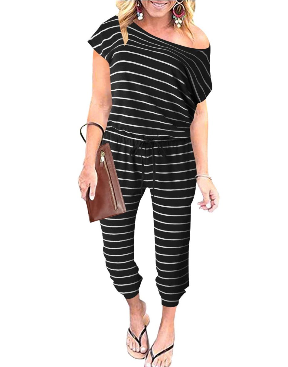 ANRABESS Casual Off Shoulder Elastic Waist Stretchy Long Romper Jumpsuit