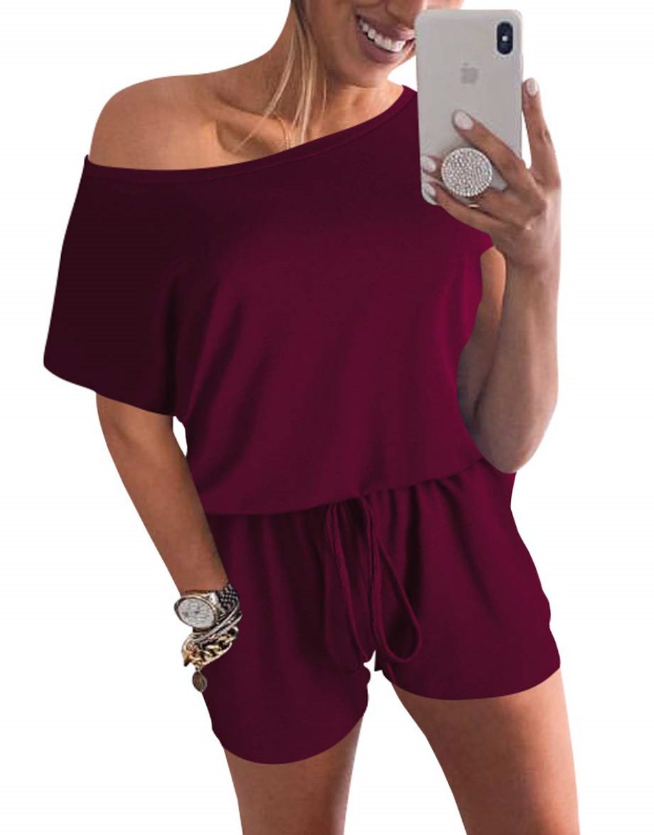 ANRABESS Casual Off Shoulder Elastic Waist Stretchy Long Romper Jumpsuit