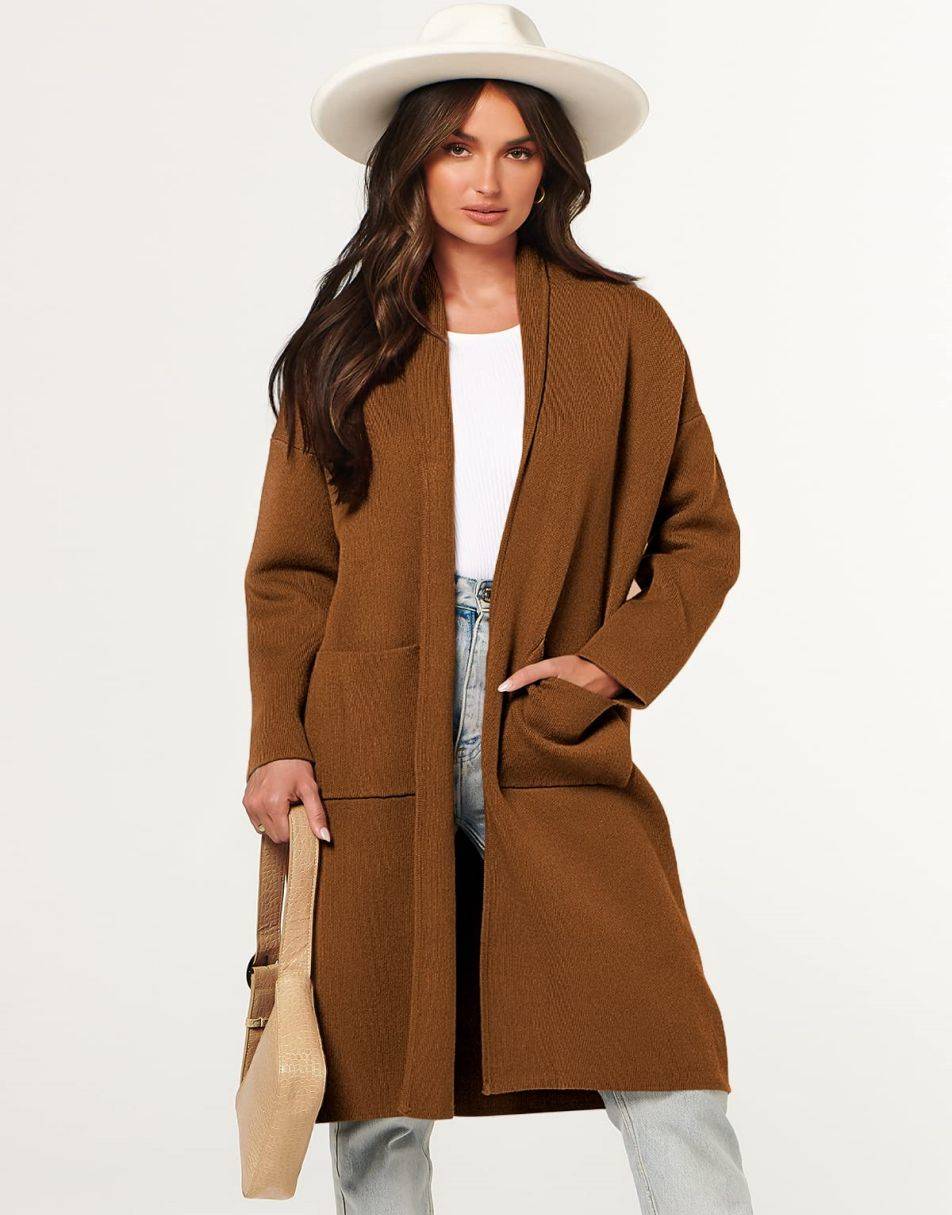 ANRABESS Damen Strickjacke Herbst 2023 Langarm Offen vorne Revers Mantel Casual Strickmantel Jacke mit Taschen