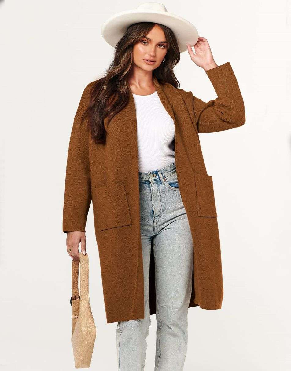 ANRABESS Damen Strickjacke Herbst 2023 Langarm Offen vorne Revers Mantel Casual Strickmantel Jacke mit Taschen