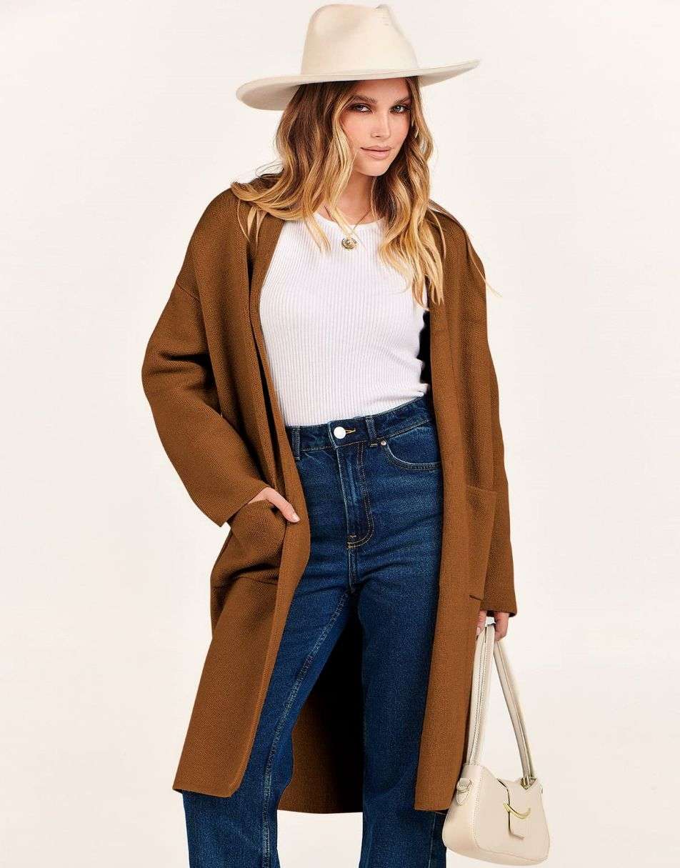 ANRABESS Damen Strickjacke Herbst 2023 Langarm Offen vorne Revers Mantel Casual Strickmantel Jacke mit Taschen