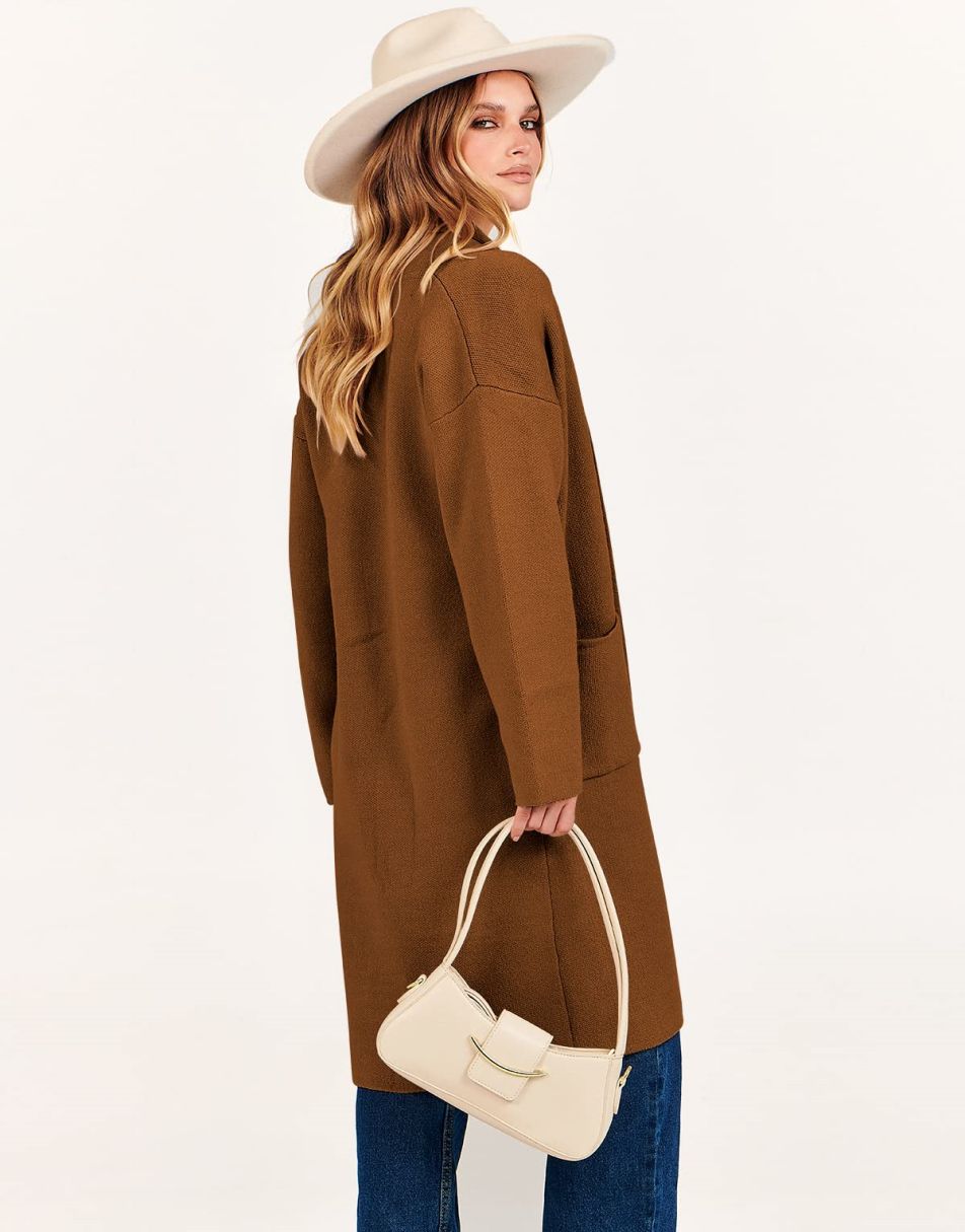 ANRABESS Damen Strickjacke Herbst 2023 Langarm Offen vorne Revers Mantel Casual Strickmantel Jacke mit Taschen