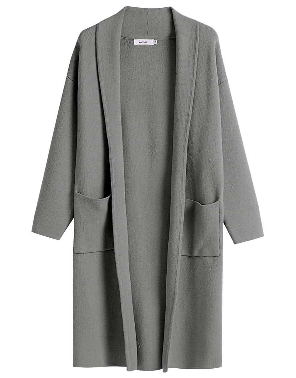 ANRABESS Damen Strickjacke Herbst 2023 Langarm Offen vorne Revers Mantel Casual Strickmantel Jacke mit Taschen