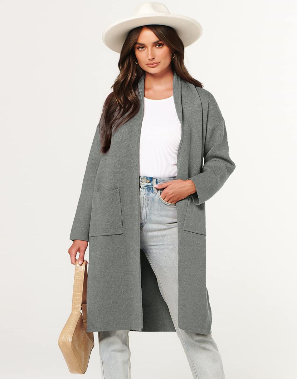 ANRABESS Damen Strickjacke Herbst 2023 Langarm Offen vorne Revers Mantel Casual Strickmantel Jacke mit Taschen