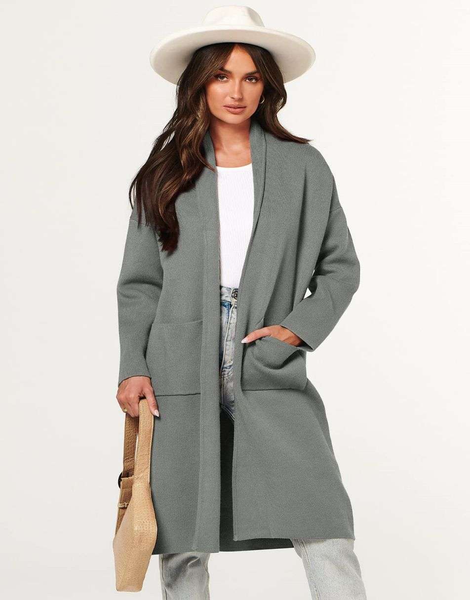 ANRABESS Damen Strickjacke Herbst 2023 Langarm Offen vorne Revers Mantel Casual Strickmantel Jacke mit Taschen