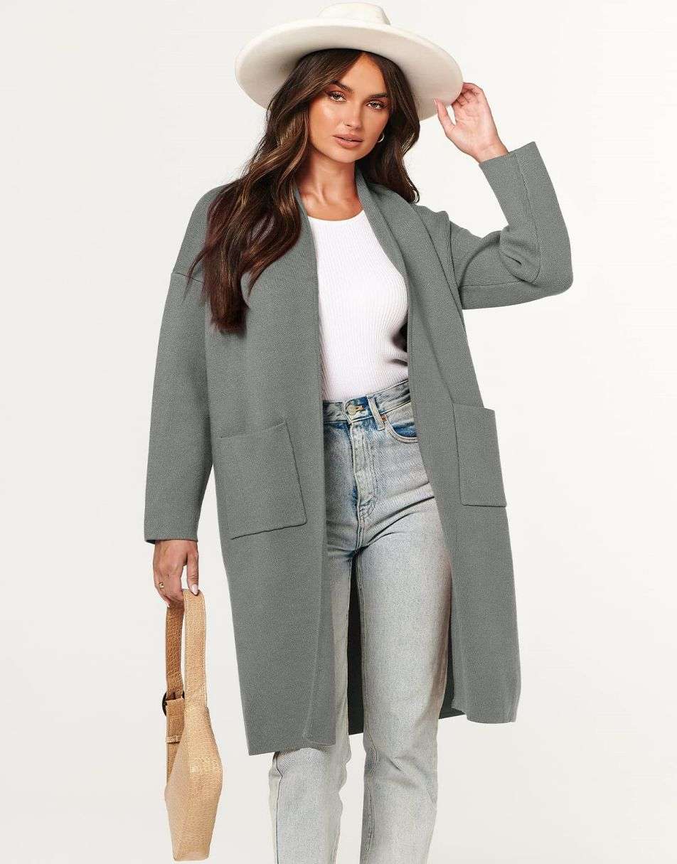 ANRABESS Damen Strickjacke Herbst 2023 Langarm Offen vorne Revers Mantel Casual Strickmantel Jacke mit Taschen