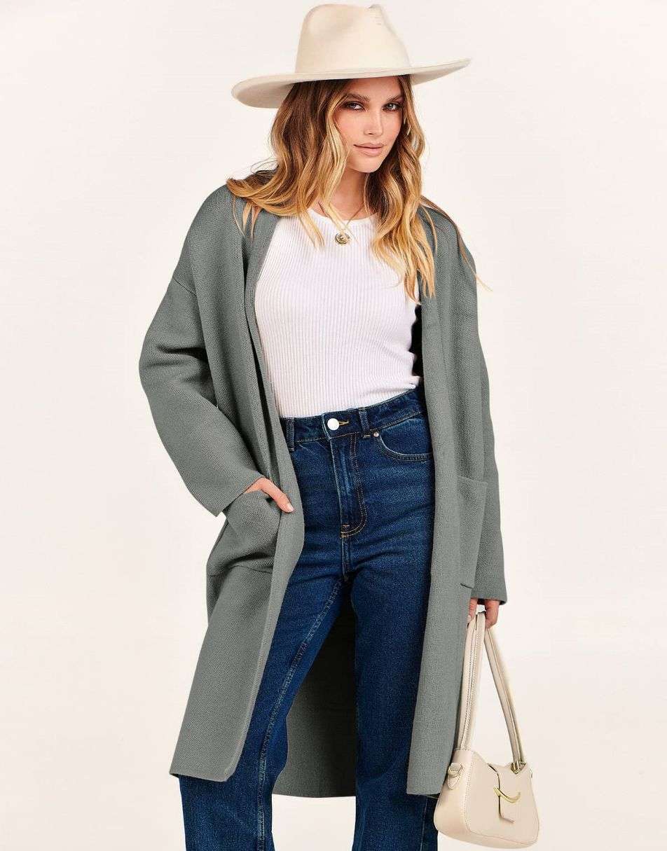 ANRABESS Damen Strickjacke Herbst 2023 Langarm Offen vorne Revers Mantel Casual Strickmantel Jacke mit Taschen