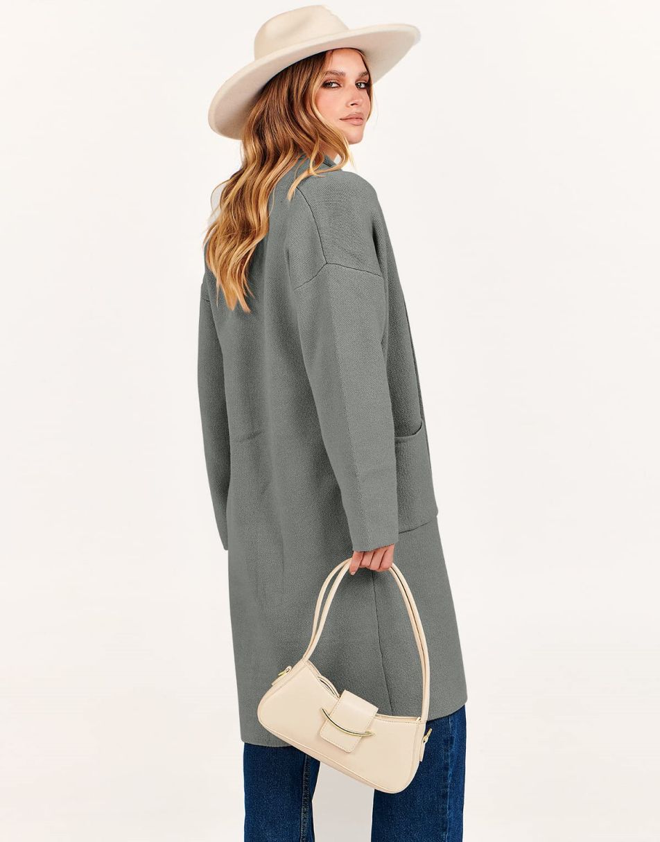 ANRABESS Damen Strickjacke Herbst 2023 Langarm Offen vorne Revers Mantel Casual Strickmantel Jacke mit Taschen