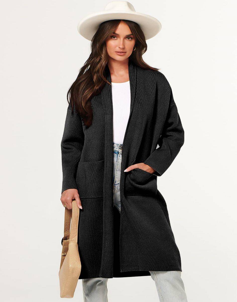 ANRABESS Damen Strickjacke Herbst 2023 Langarm Offen vorne Revers Mantel Casual Strickmantel Jacke mit Taschen
