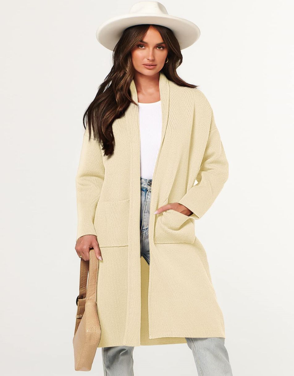 ANRABESS Damen Strickjacke Herbst 2023 Langarm Offen vorne Revers Mantel Casual Strickmantel Jacke mit Taschen