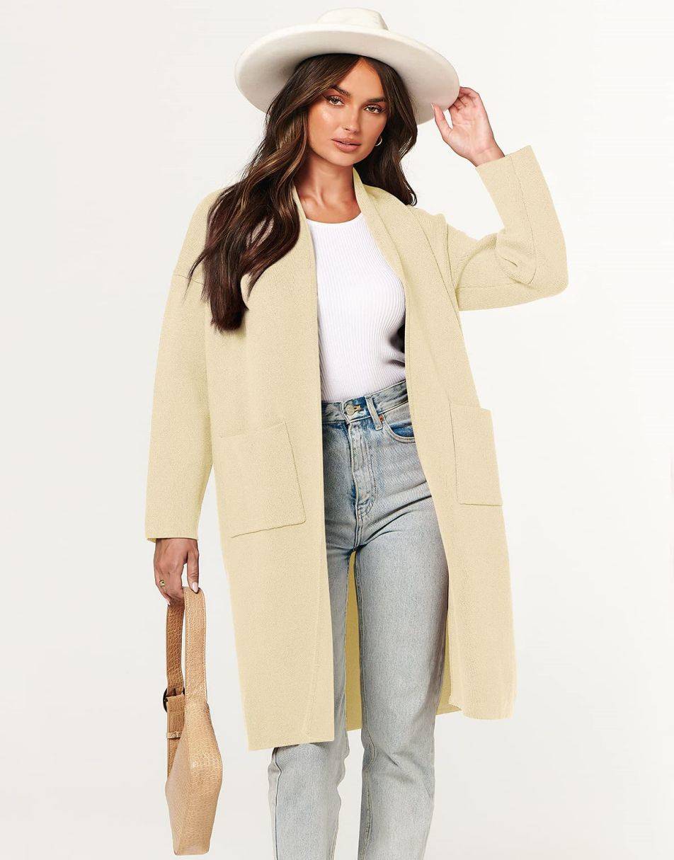 ANRABESS Damen Strickjacke Herbst 2023 Langarm Offen vorne Revers Mantel Casual Strickmantel Jacke mit Taschen