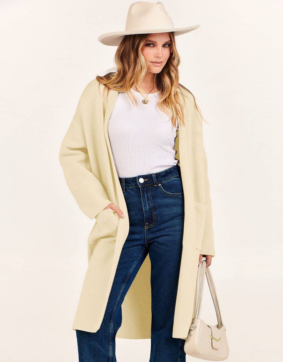 ANRABESS Damen Strickjacke Herbst 2023 Langarm Offen vorne Revers Mantel Casual Strickmantel Jacke mit Taschen