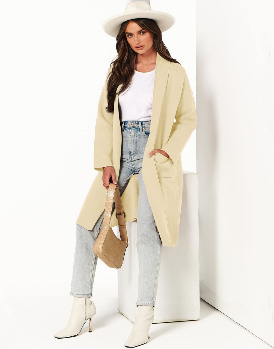 ANRABESS Damen Strickjacke Herbst 2023 Langarm Offen vorne Revers Mantel Casual Strickmantel Jacke mit Taschen