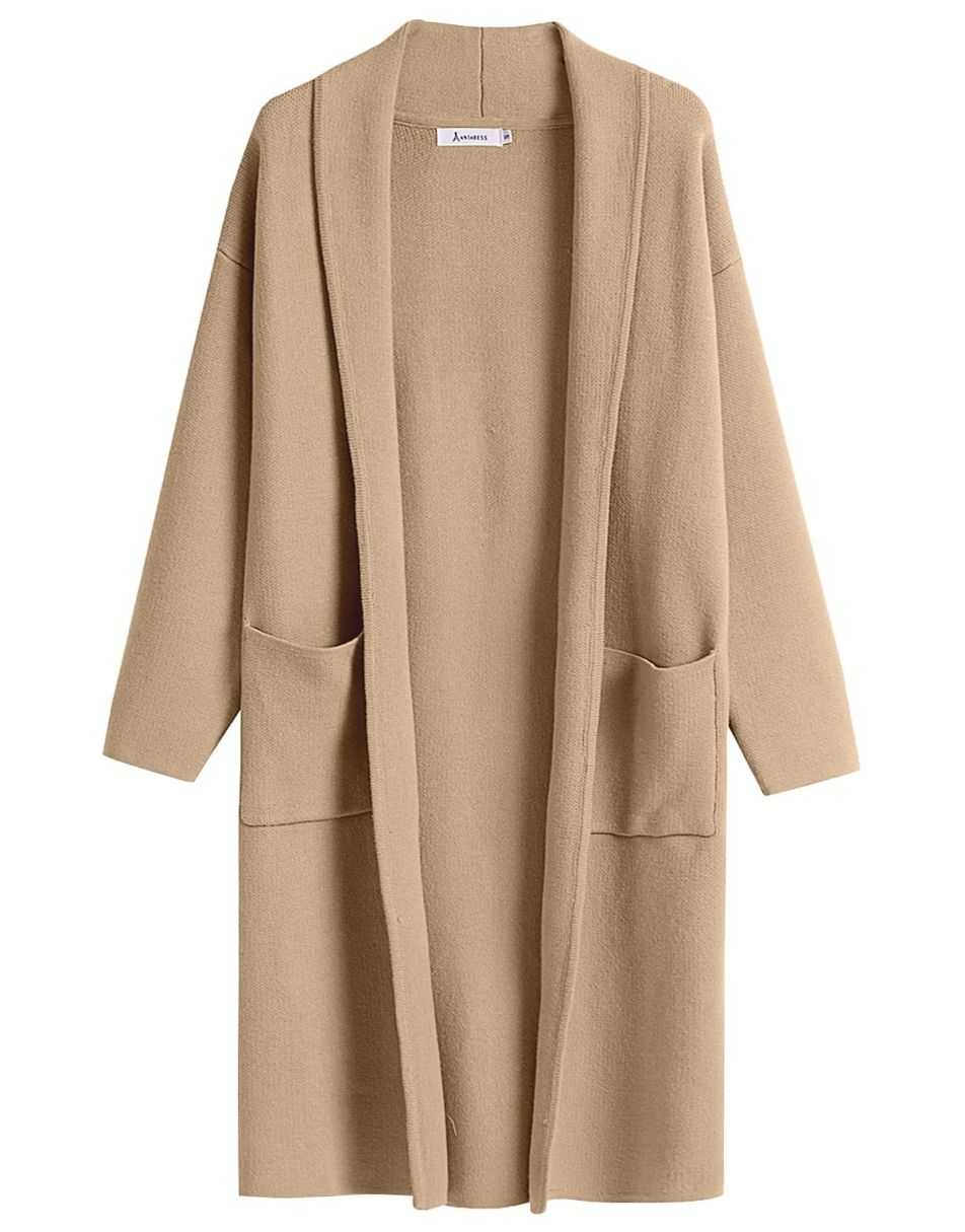 ANRABESS Damen Strickjacke Herbst 2023 Langarm Offen vorne Revers Mantel Casual Strickmantel Jacke mit Taschen