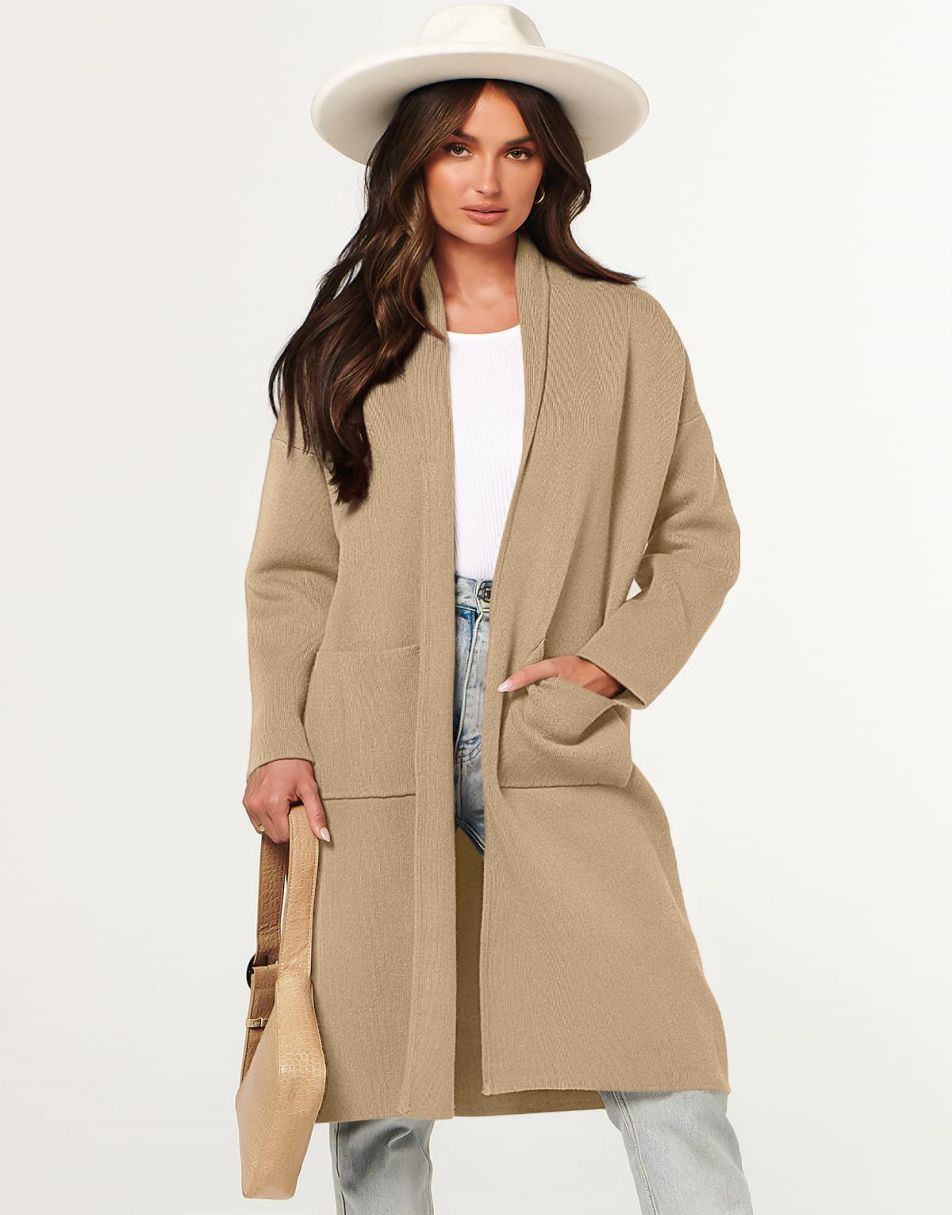 ANRABESS Damen Strickjacke Herbst 2023 Langarm Offen vorne Revers Mantel Casual Strickmantel Jacke mit Taschen