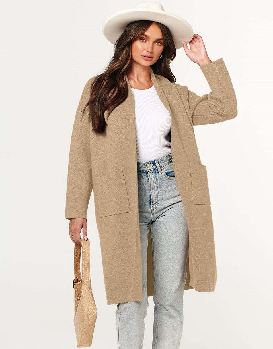 ANRABESS Damen Strickjacke Herbst 2023 Langarm Offen vorne Revers Mantel Casual Strickmantel Jacke mit Taschen