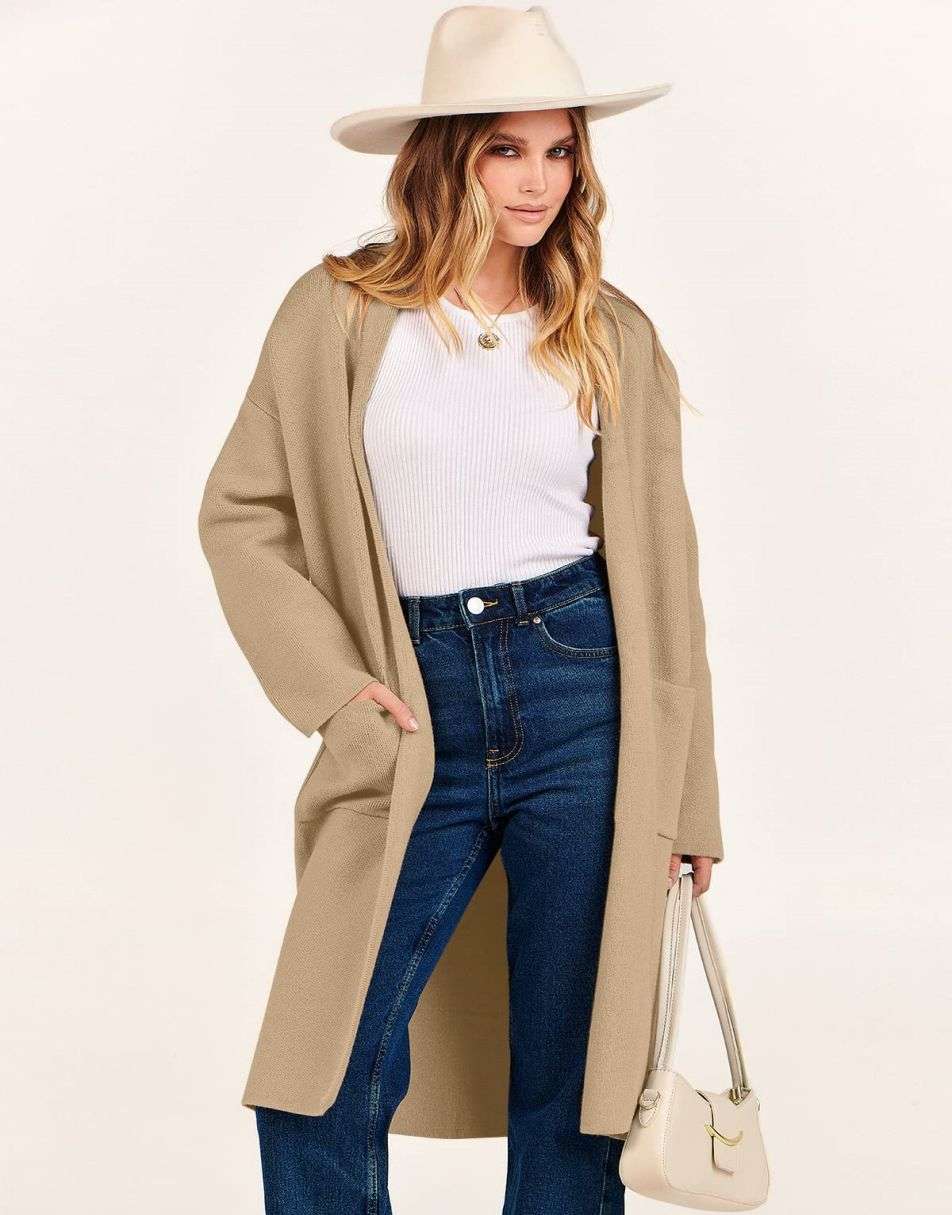ANRABESS Damen Strickjacke Herbst 2023 Langarm Offen vorne Revers Mantel Casual Strickmantel Jacke mit Taschen