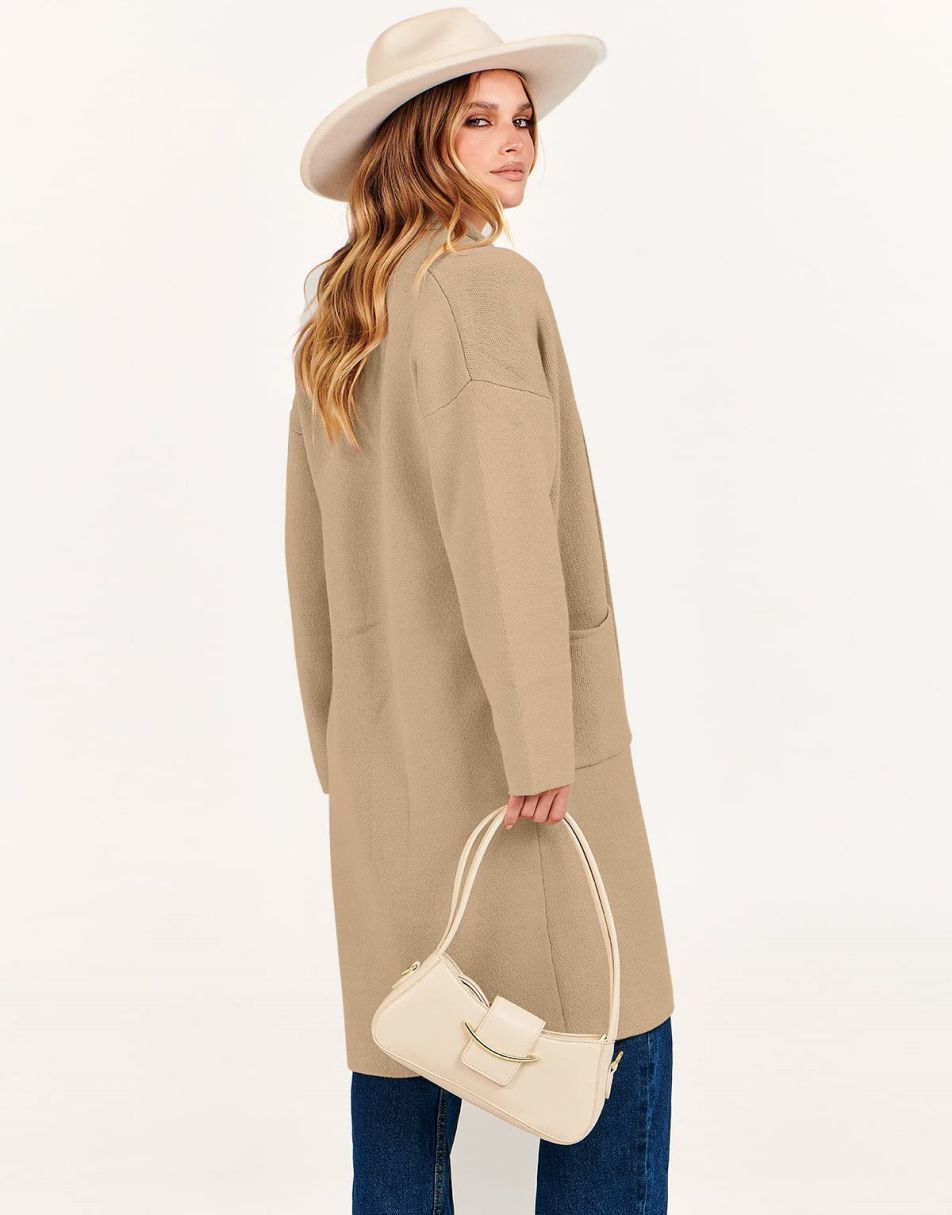 ANRABESS Damen Strickjacke Herbst 2023 Langarm Offen vorne Revers Mantel Casual Strickmantel Jacke mit Taschen