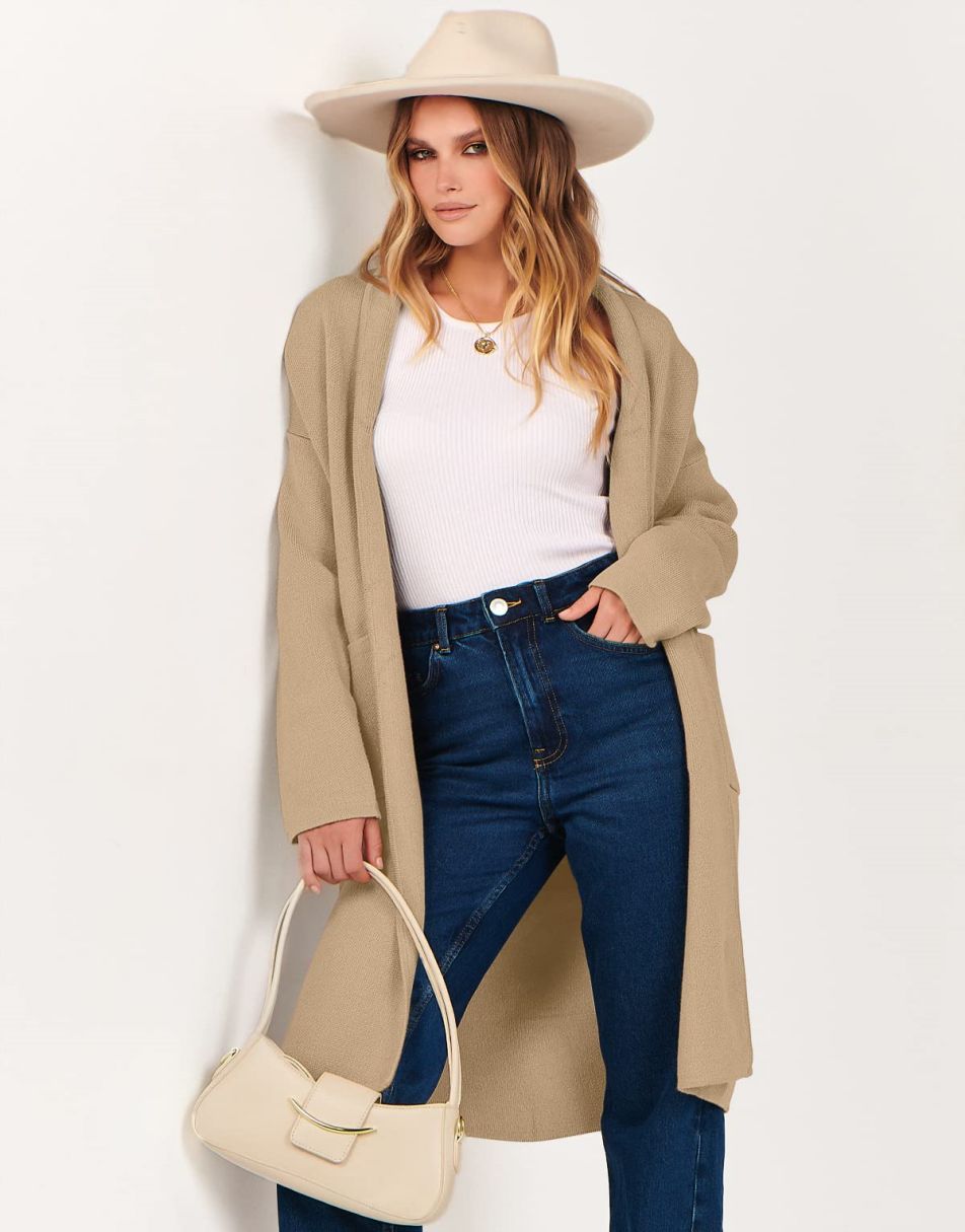 ANRABESS Damen Strickjacke Herbst 2023 Langarm Offen vorne Revers Mantel Casual Strickmantel Jacke mit Taschen