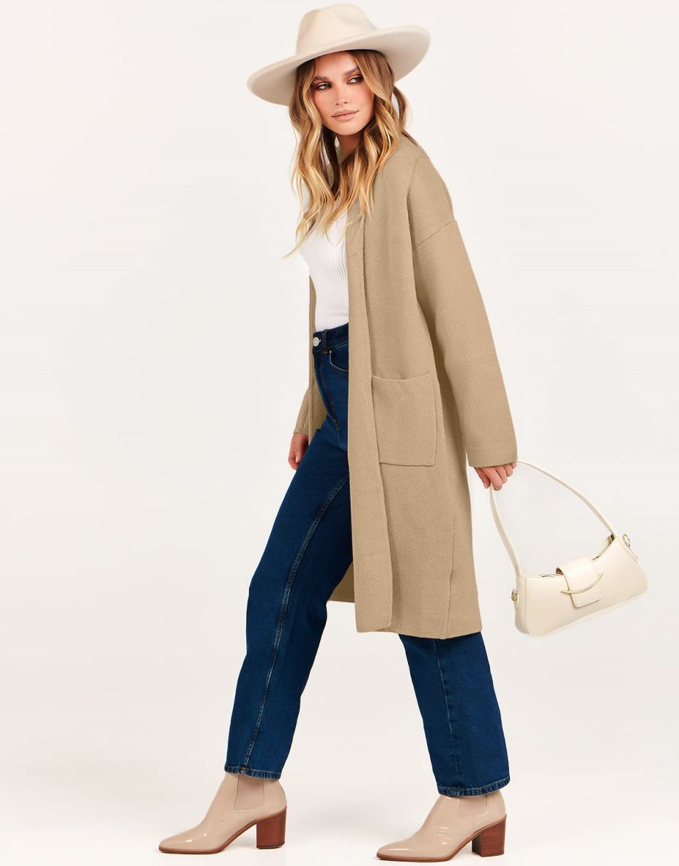 ANRABESS Damen Strickjacke Herbst 2023 Langarm Offen vorne Revers Mantel Casual Strickmantel Jacke mit Taschen