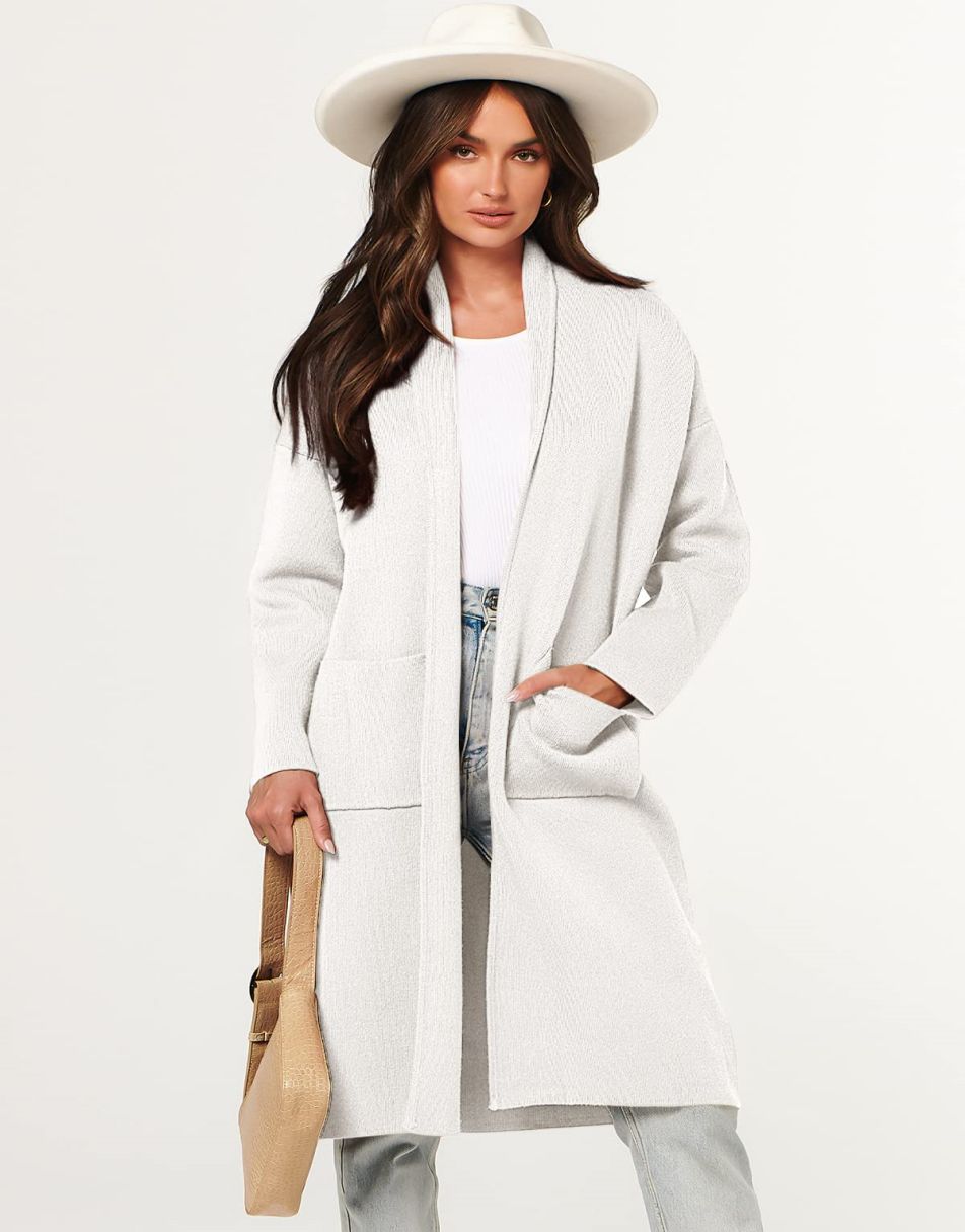 ANRABESS Damen Strickjacke Herbst 2023 Langarm Offen vorne Revers Mantel Casual Strickmantel Jacke mit Taschen