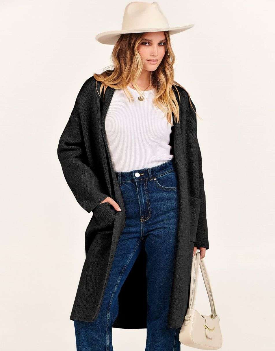 ANRABESS Damen Strickjacke Herbst 2023 Langarm Offen vorne Revers Mantel Casual Strickmantel Jacke mit Taschen