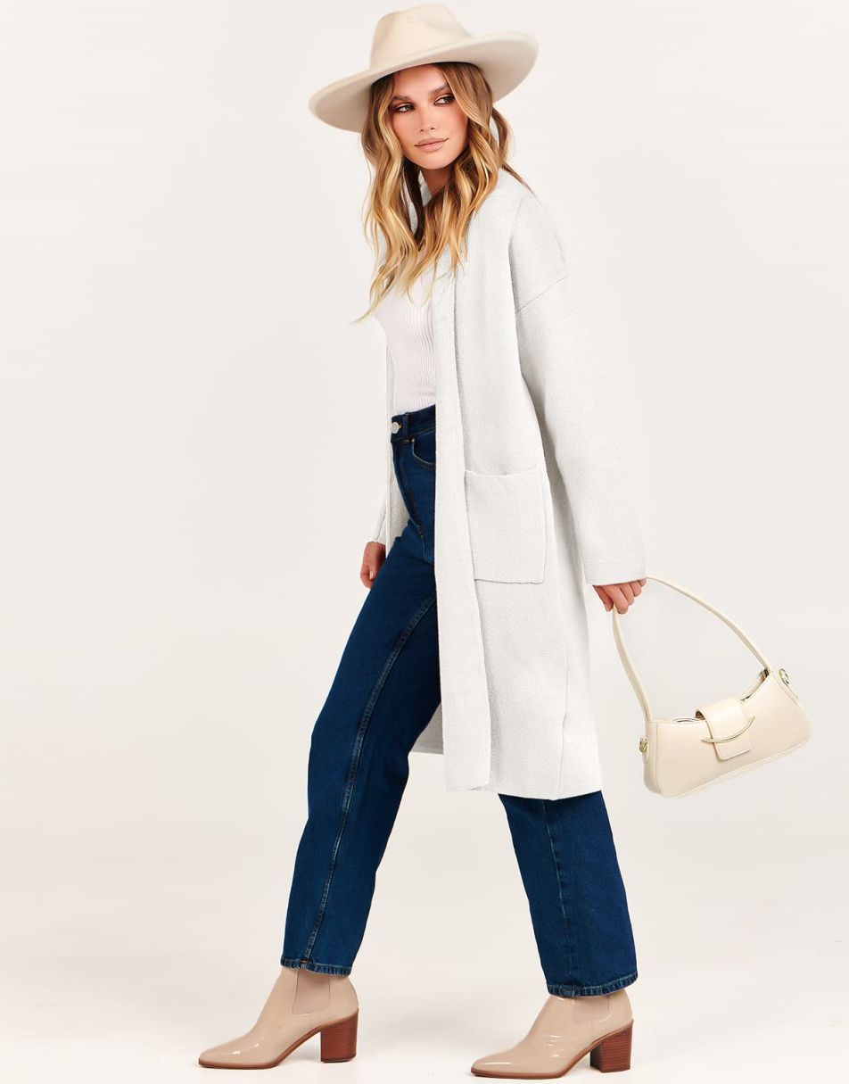 ANRABESS Damen Strickjacke Herbst 2023 Langarm Offen vorne Revers Mantel Casual Strickmantel Jacke mit Taschen