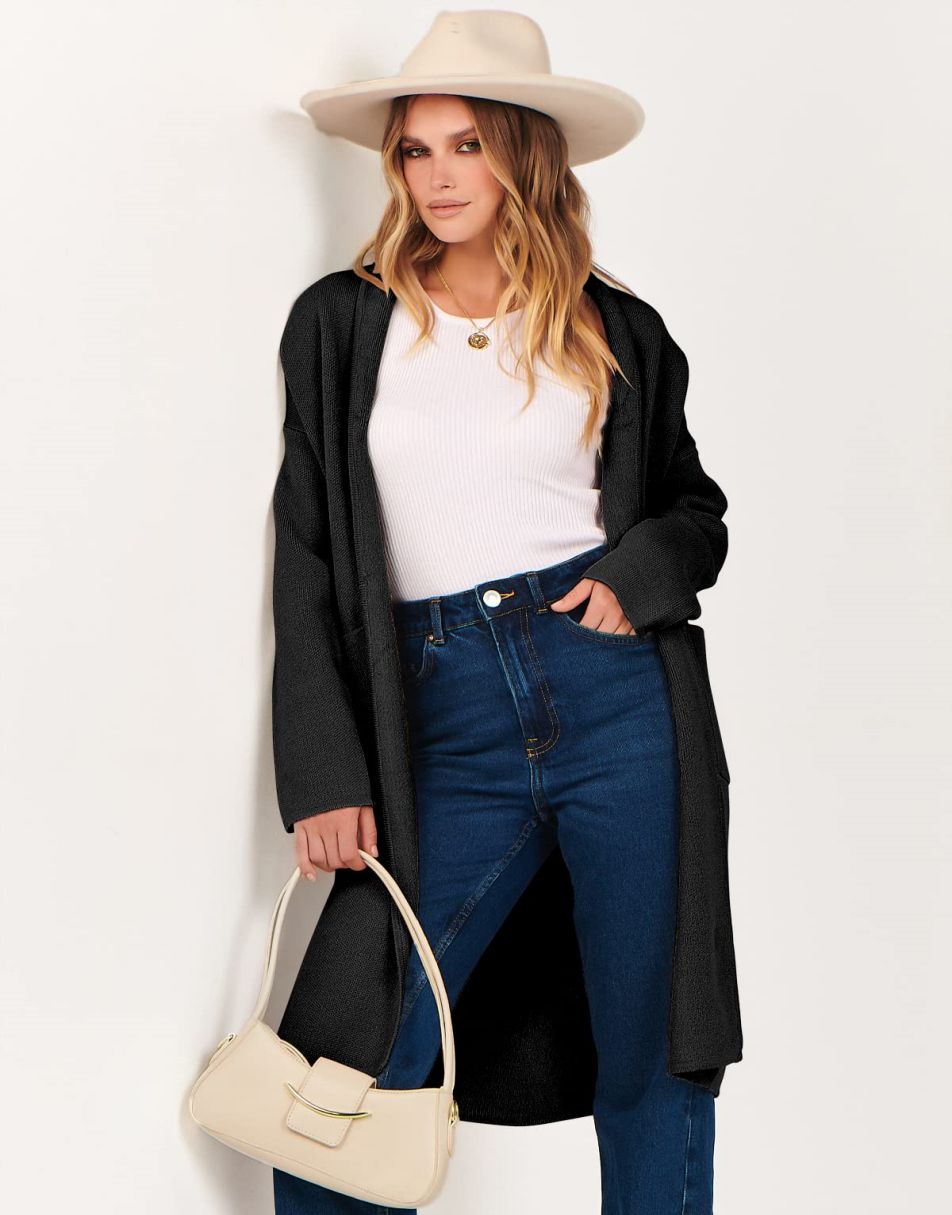 ANRABESS Damen Strickjacke Herbst 2023 Langarm Offen vorne Revers Mantel Casual Strickmantel Jacke mit Taschen