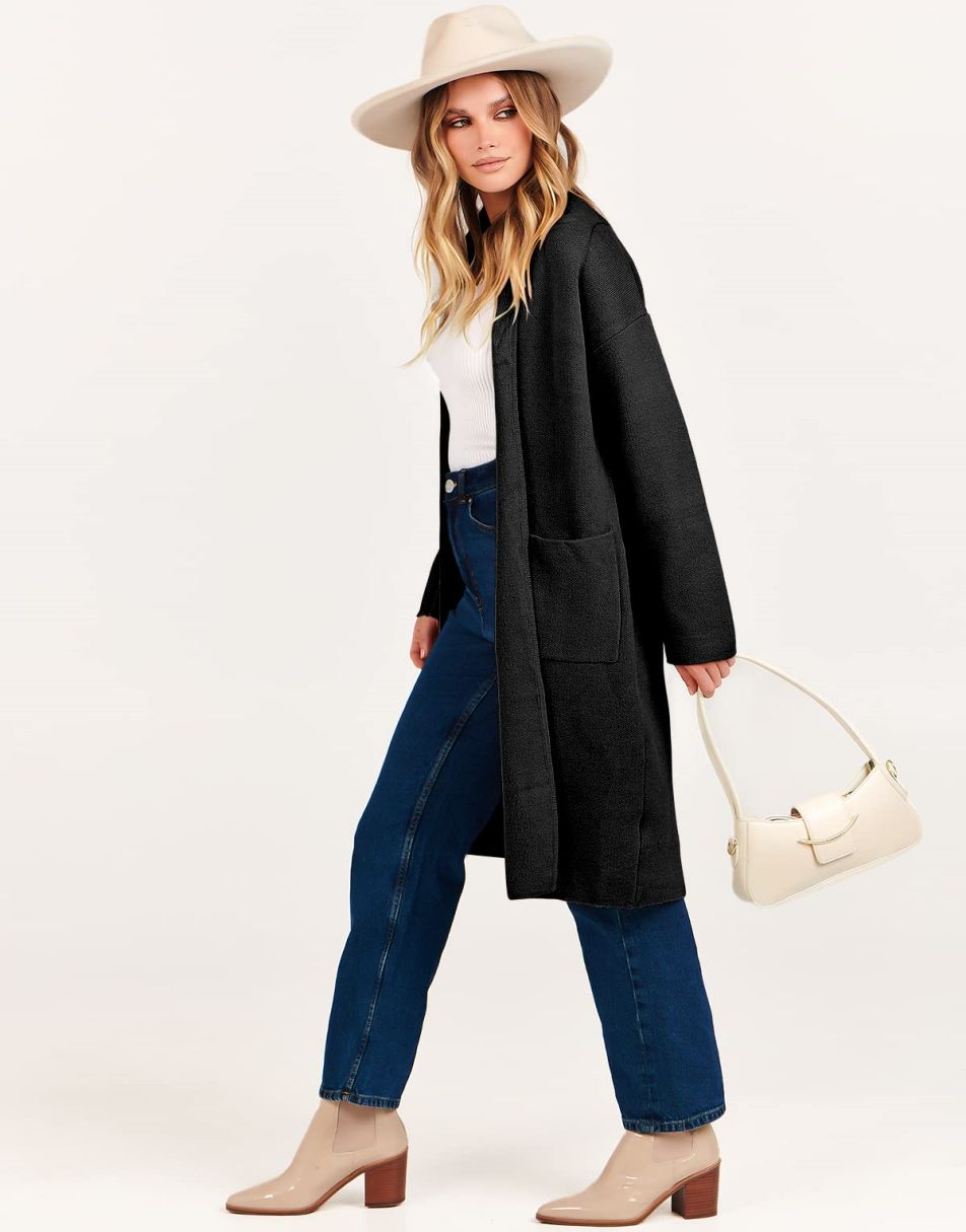 ANRABESS Damen Strickjacke Herbst 2023 Langarm Offen vorne Revers Mantel Casual Strickmantel Jacke mit Taschen