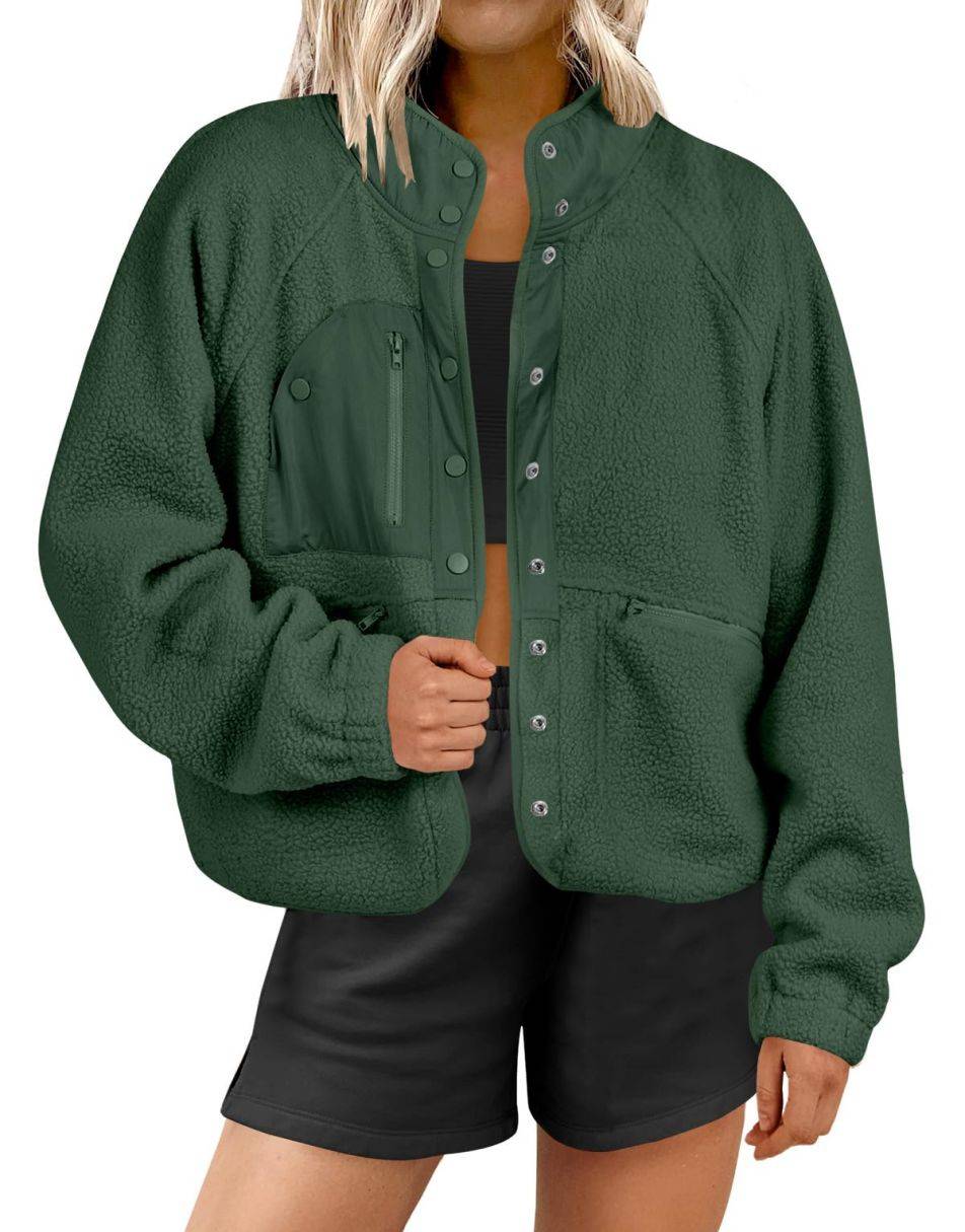ANRABESS Damen Fleecejacke Button-Down Shacket Lässige Sherpa Cropped Coats Warme Oberbekleidung mit Taschen
