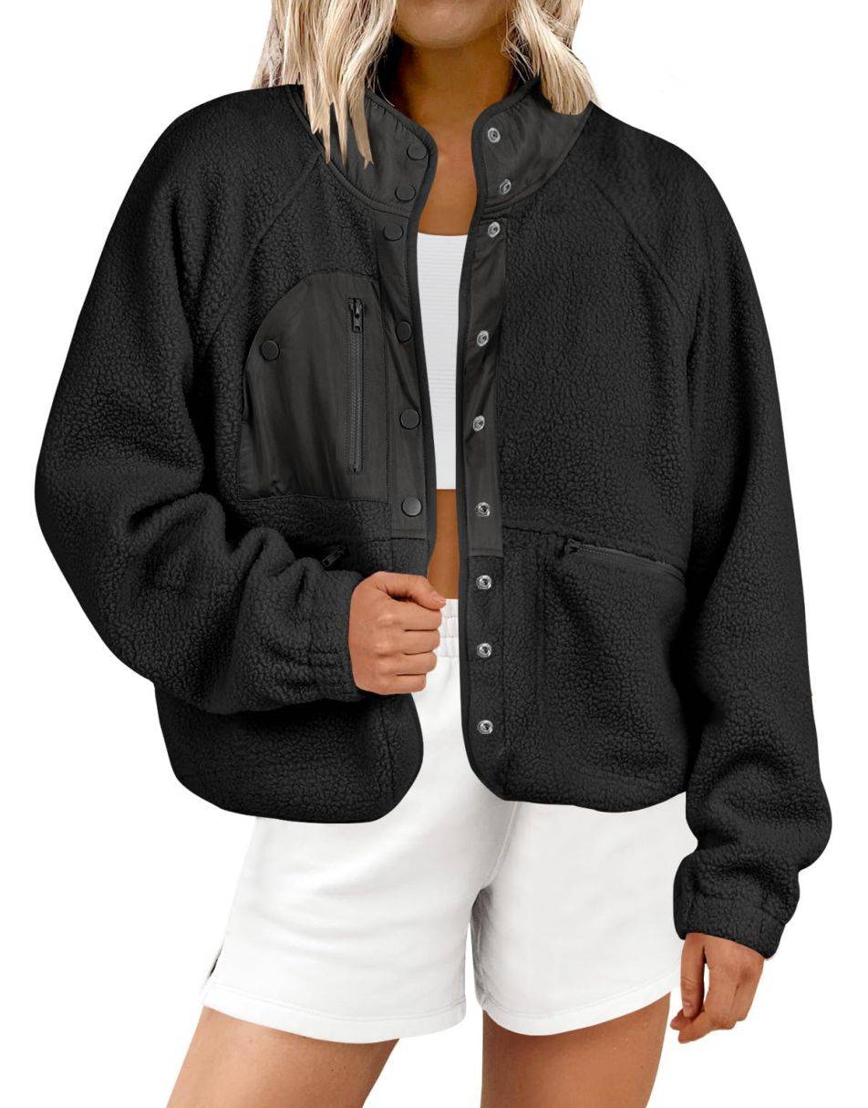 ANRABESS Damen Fleecejacke Button-Down Shacket Lässige Sherpa Cropped Coats Warme Oberbekleidung mit Taschen