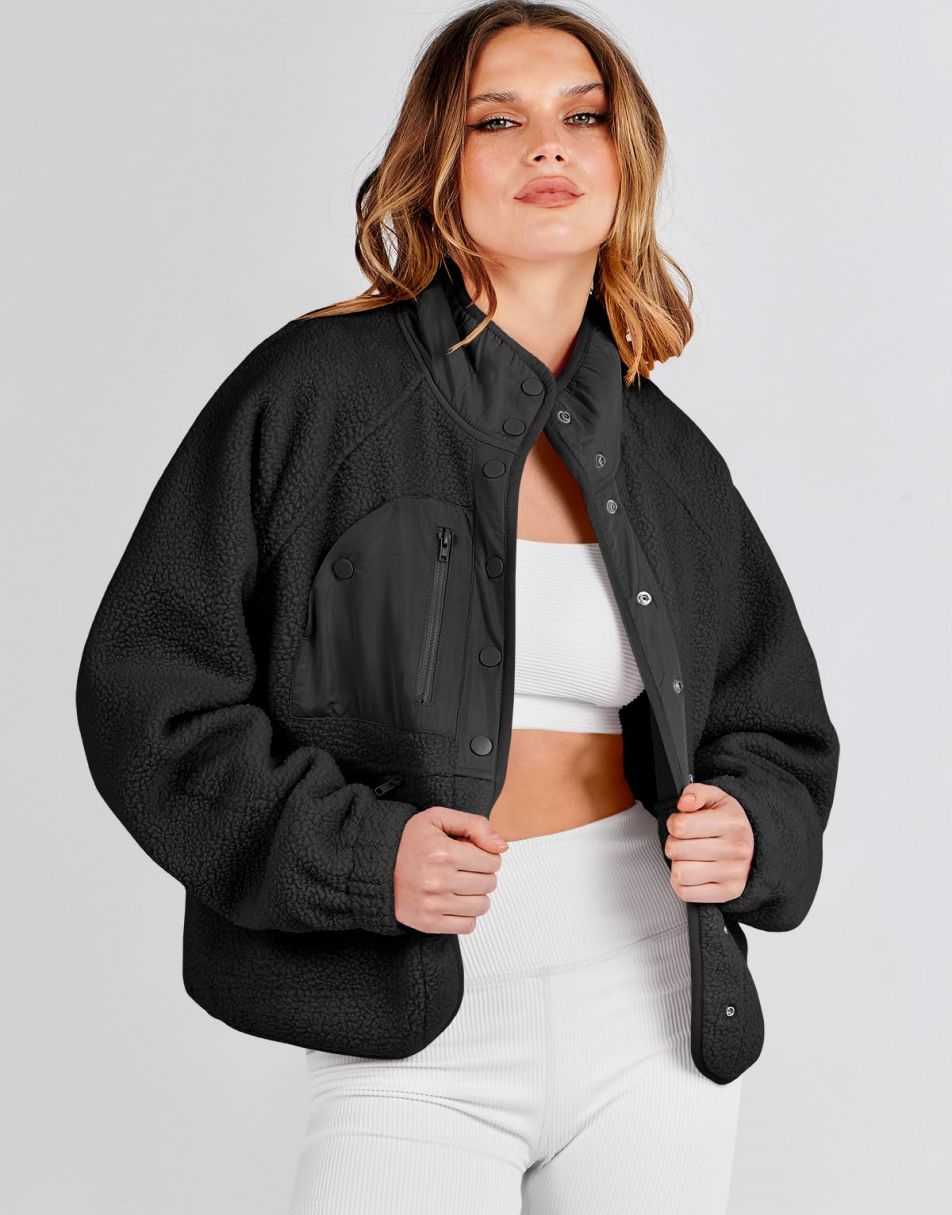 ANRABESS Damen Fleecejacke Button-Down Shacket Lässige Sherpa Cropped Coats Warme Oberbekleidung mit Taschen