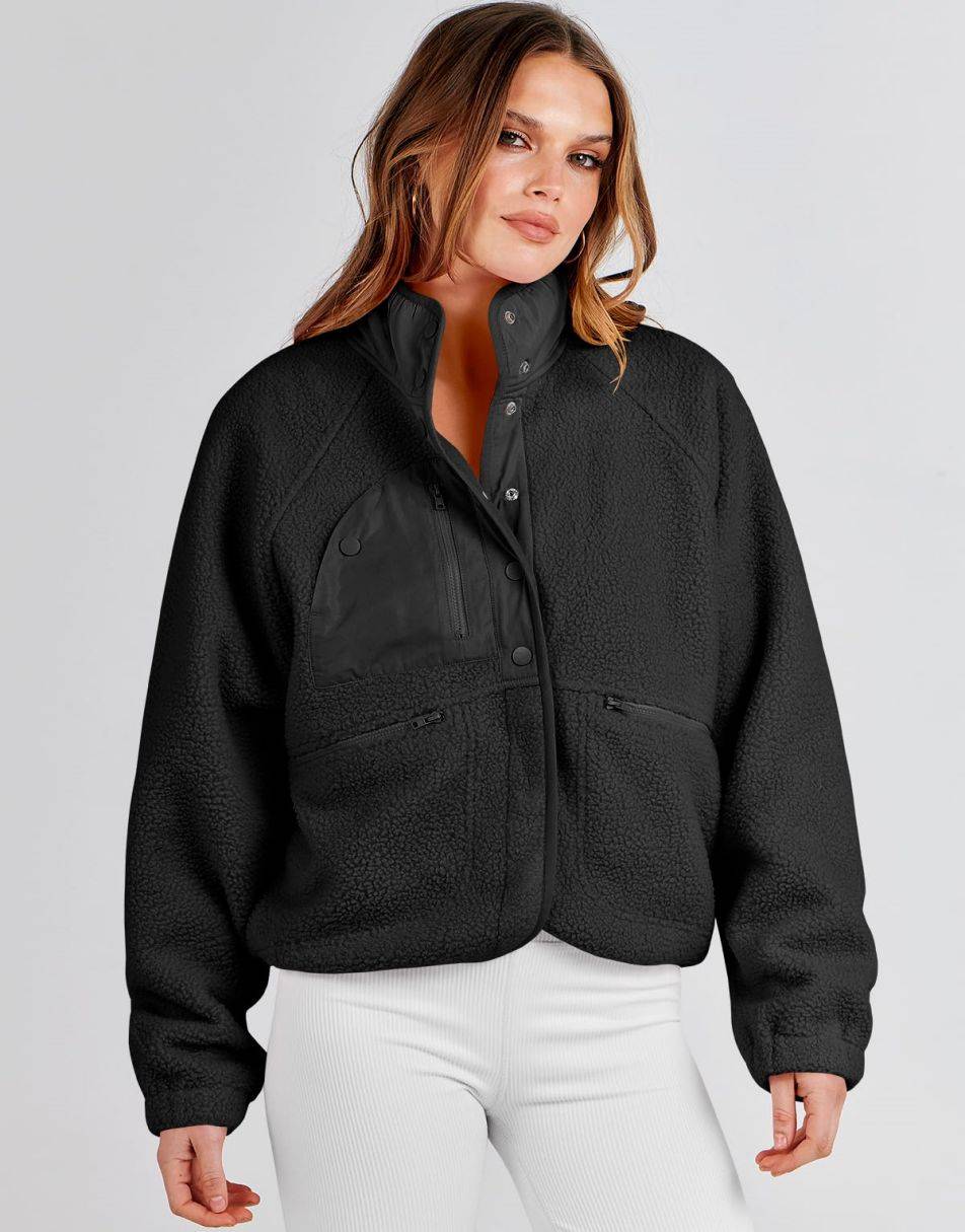 ANRABESS Damen Fleecejacke Button-Down Shacket Lässige Sherpa Cropped Coats Warme Oberbekleidung mit Taschen