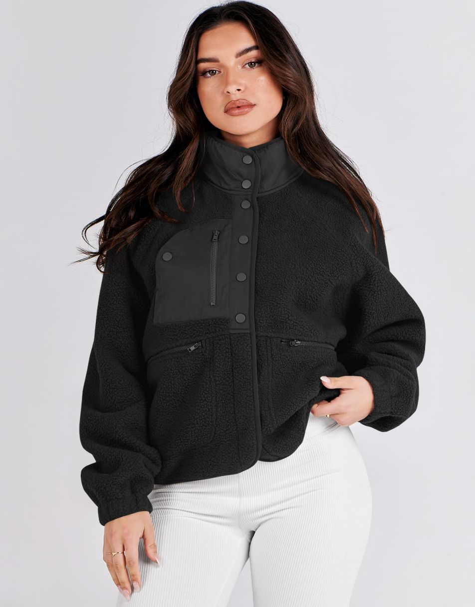 ANRABESS Damen Fleecejacke Button-Down Shacket Lässige Sherpa Cropped Coats Warme Oberbekleidung mit Taschen