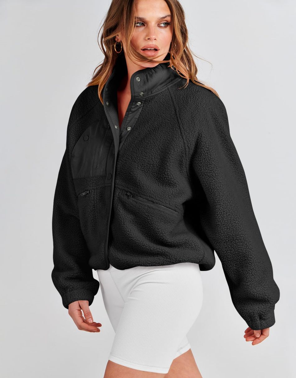 ANRABESS Damen Fleecejacke Button-Down Shacket Lässige Sherpa Cropped Coats Warme Oberbekleidung mit Taschen