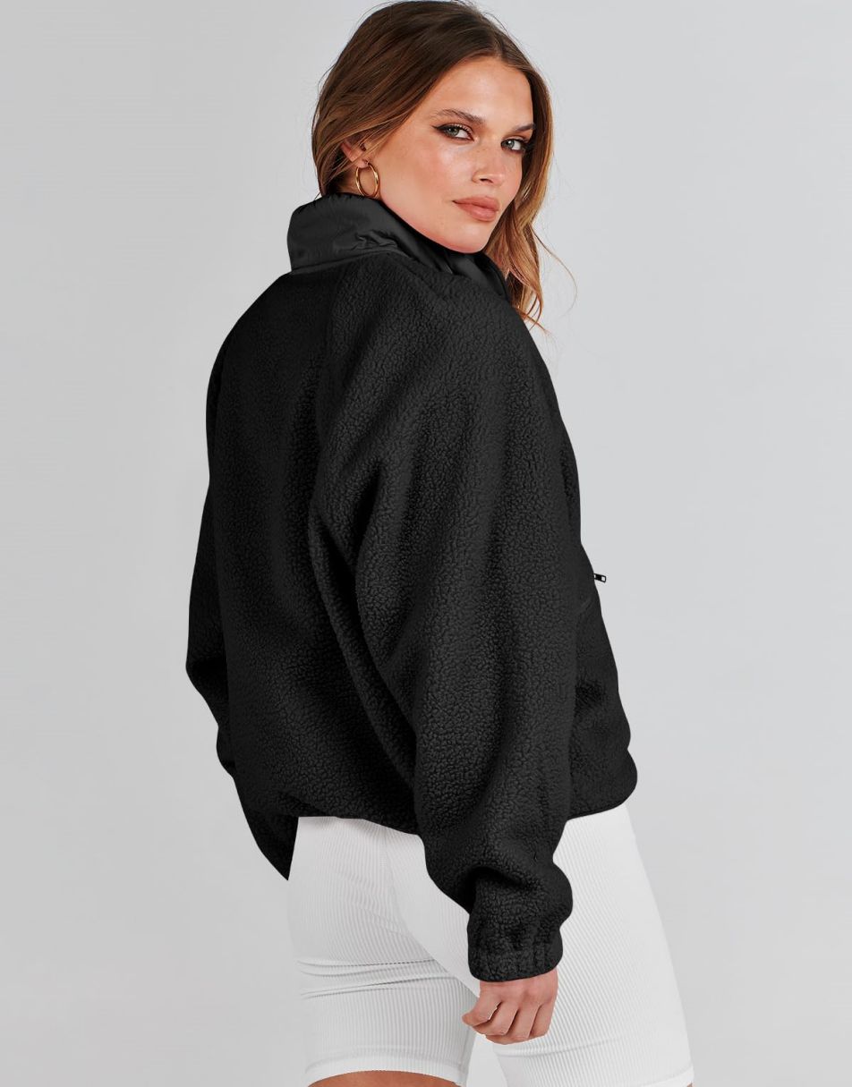 ANRABESS Damen Fleecejacke Button-Down Shacket Lässige Sherpa Cropped Coats Warme Oberbekleidung mit Taschen