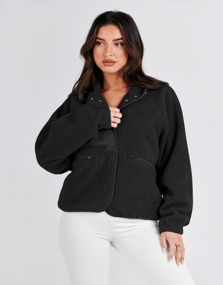 ANRABESS Damen Fleecejacke Button-Down Shacket Lässige Sherpa Cropped Coats Warme Oberbekleidung mit Taschen