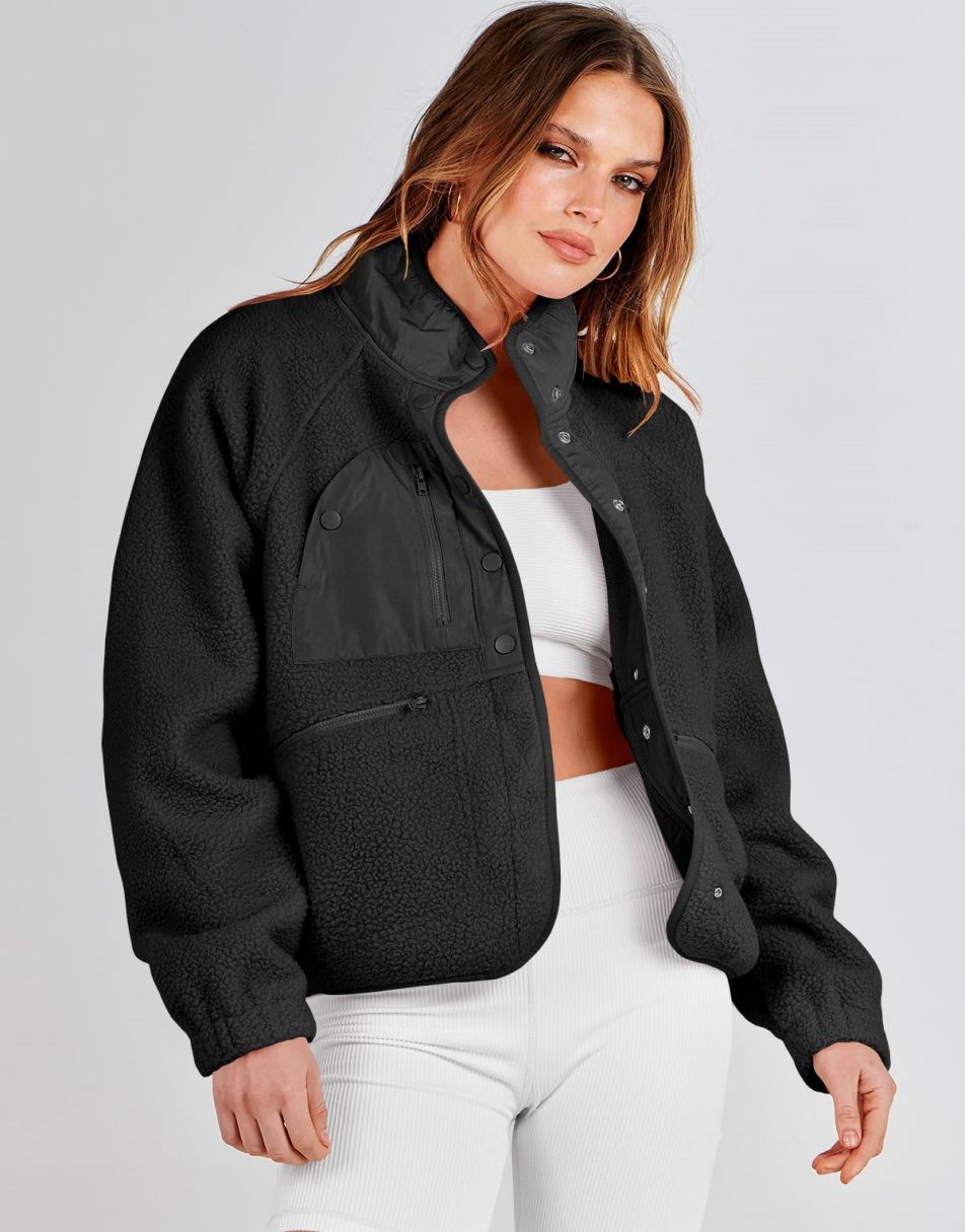 ANRABESS Damen Fleecejacke Button-Down Shacket Lässige Sherpa Cropped Coats Warme Oberbekleidung mit Taschen