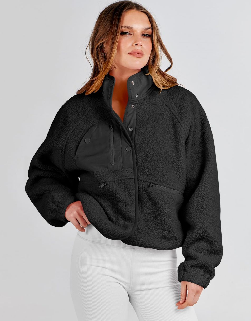 ANRABESS Damen Fleecejacke Button-Down Shacket Lässige Sherpa Cropped Coats Warme Oberbekleidung mit Taschen