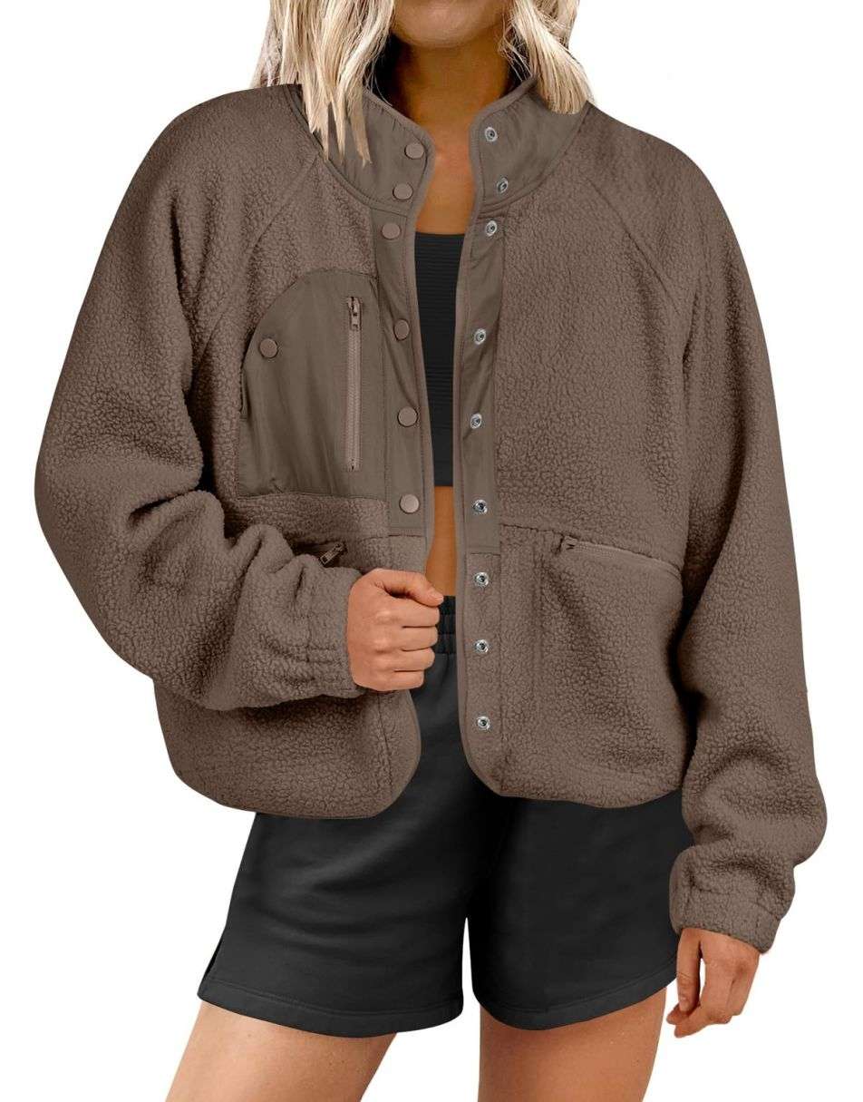 ANRABESS Damen Fleecejacke Button-Down Shacket Lässige Sherpa Cropped Coats Warme Oberbekleidung mit Taschen