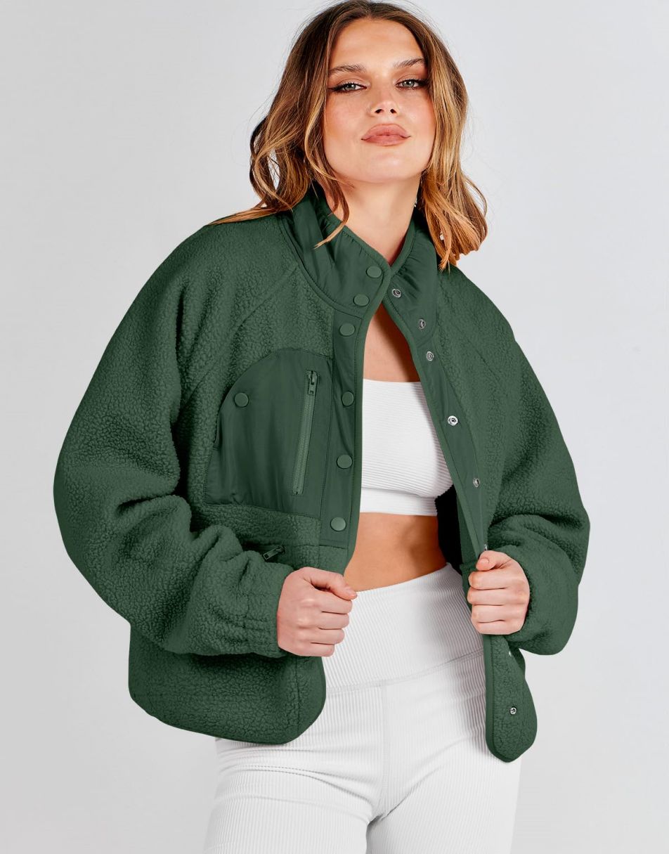 ANRABESS Damen Fleecejacke Button-Down Shacket Lässige Sherpa Cropped Coats Warme Oberbekleidung mit Taschen