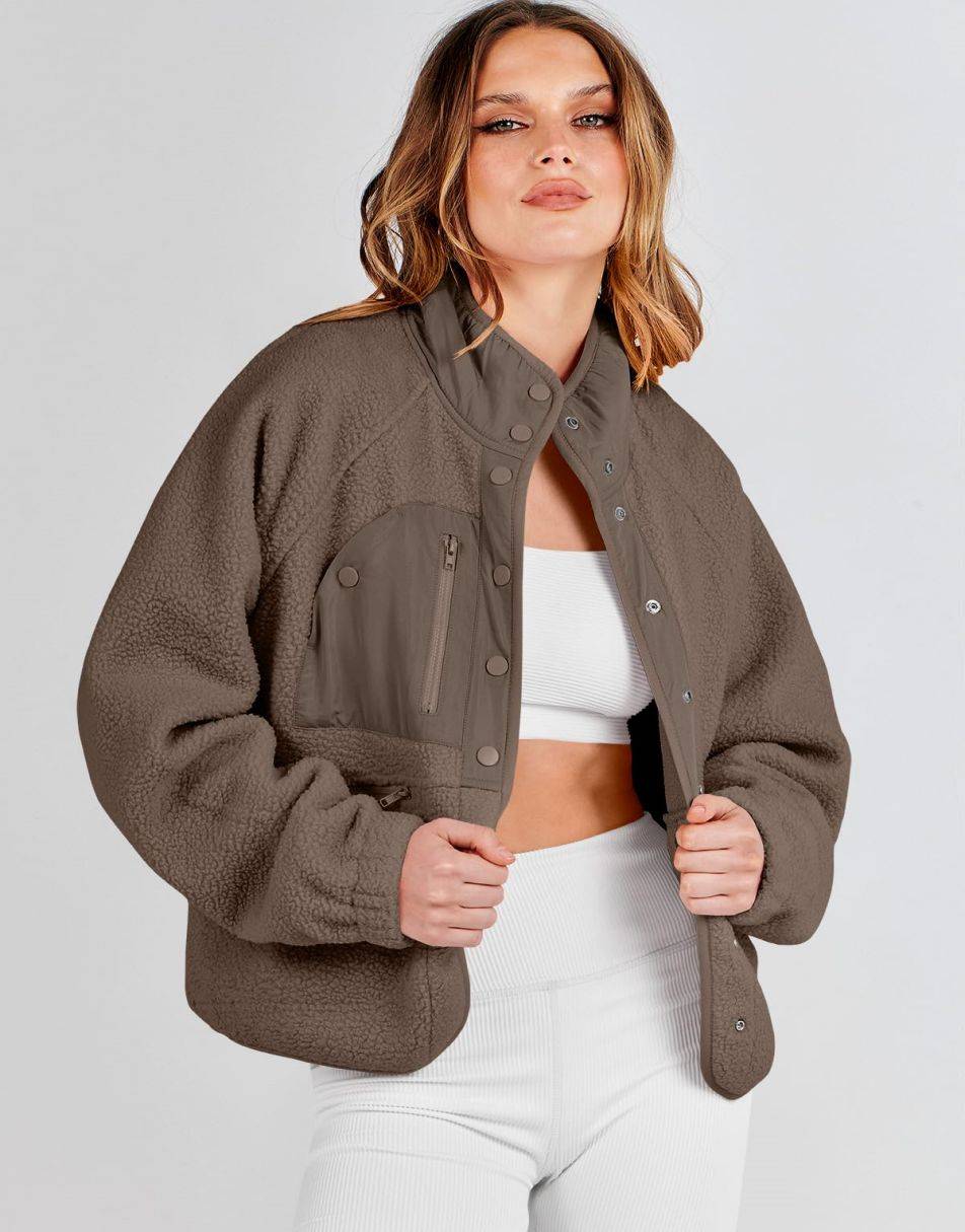 ANRABESS Damen Fleecejacke Button-Down Shacket Lässige Sherpa Cropped Coats Warme Oberbekleidung mit Taschen