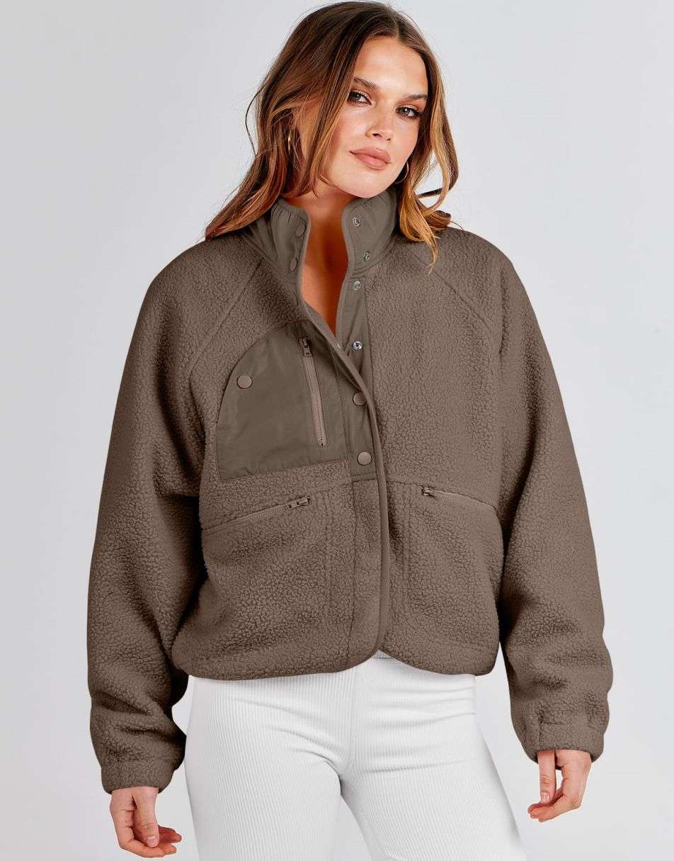 ANRABESS Damen Fleecejacke Button-Down Shacket Lässige Sherpa Cropped Coats Warme Oberbekleidung mit Taschen