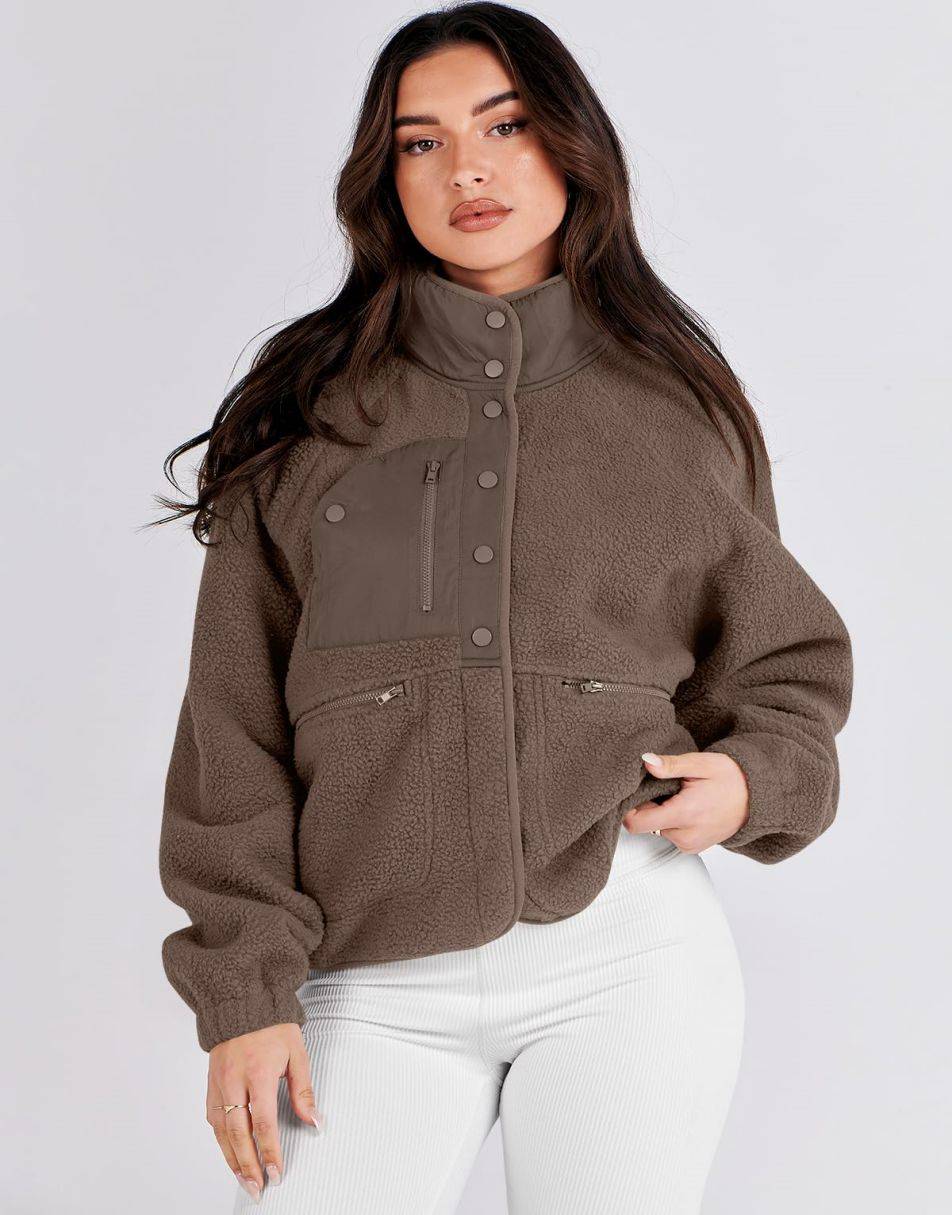 ANRABESS Damen Fleecejacke Button-Down Shacket Lässige Sherpa Cropped Coats Warme Oberbekleidung mit Taschen