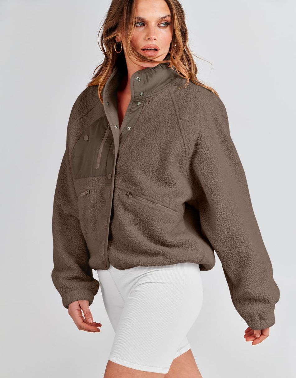 ANRABESS Damen Fleecejacke Button-Down Shacket Lässige Sherpa Cropped Coats Warme Oberbekleidung mit Taschen