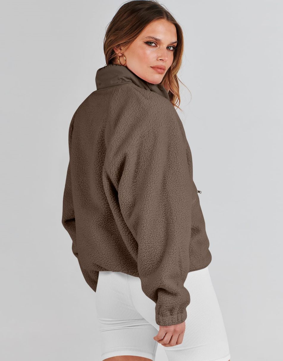 ANRABESS Damen Fleecejacke Button-Down Shacket Lässige Sherpa Cropped Coats Warme Oberbekleidung mit Taschen