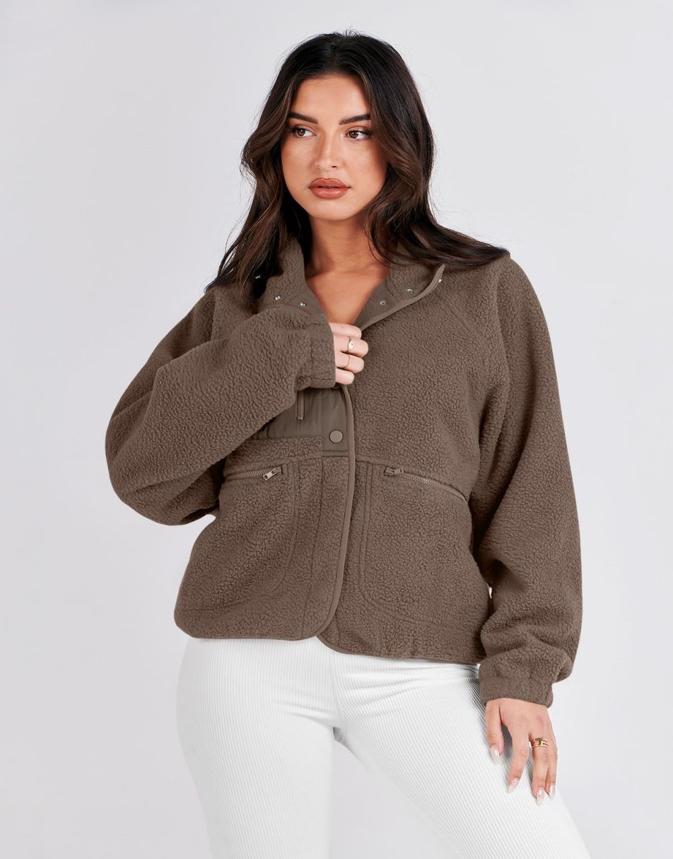 ANRABESS Damen Fleecejacke Button-Down Shacket Lässige Sherpa Cropped Coats Warme Oberbekleidung mit Taschen