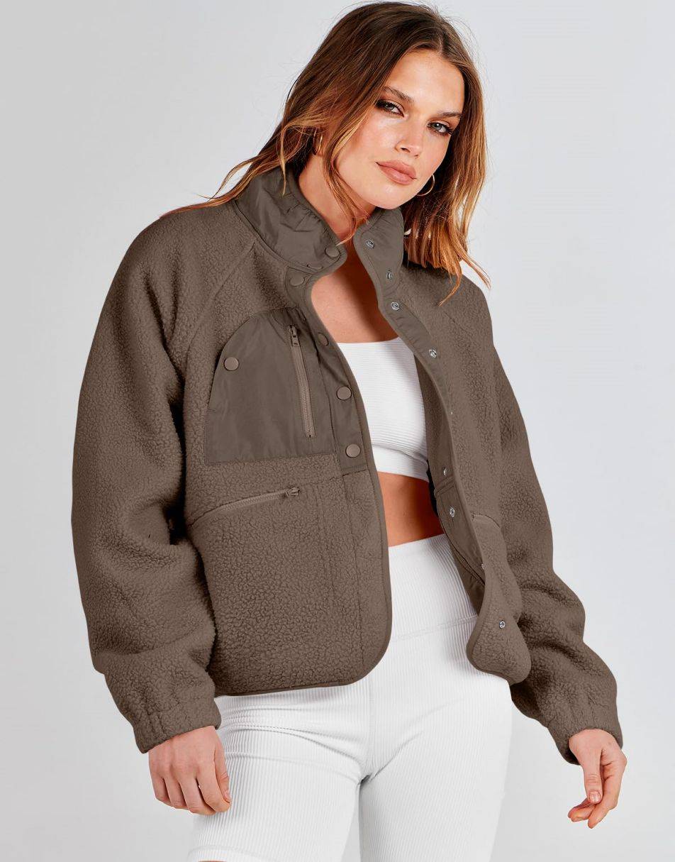 ANRABESS Damen Fleecejacke Button-Down Shacket Lässige Sherpa Cropped Coats Warme Oberbekleidung mit Taschen