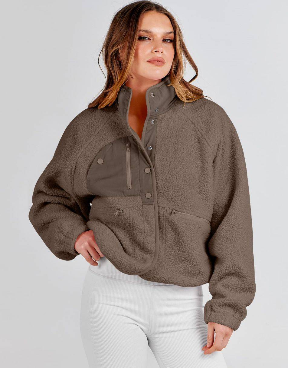 ANRABESS Damen Fleecejacke Button-Down Shacket Lässige Sherpa Cropped Coats Warme Oberbekleidung mit Taschen
